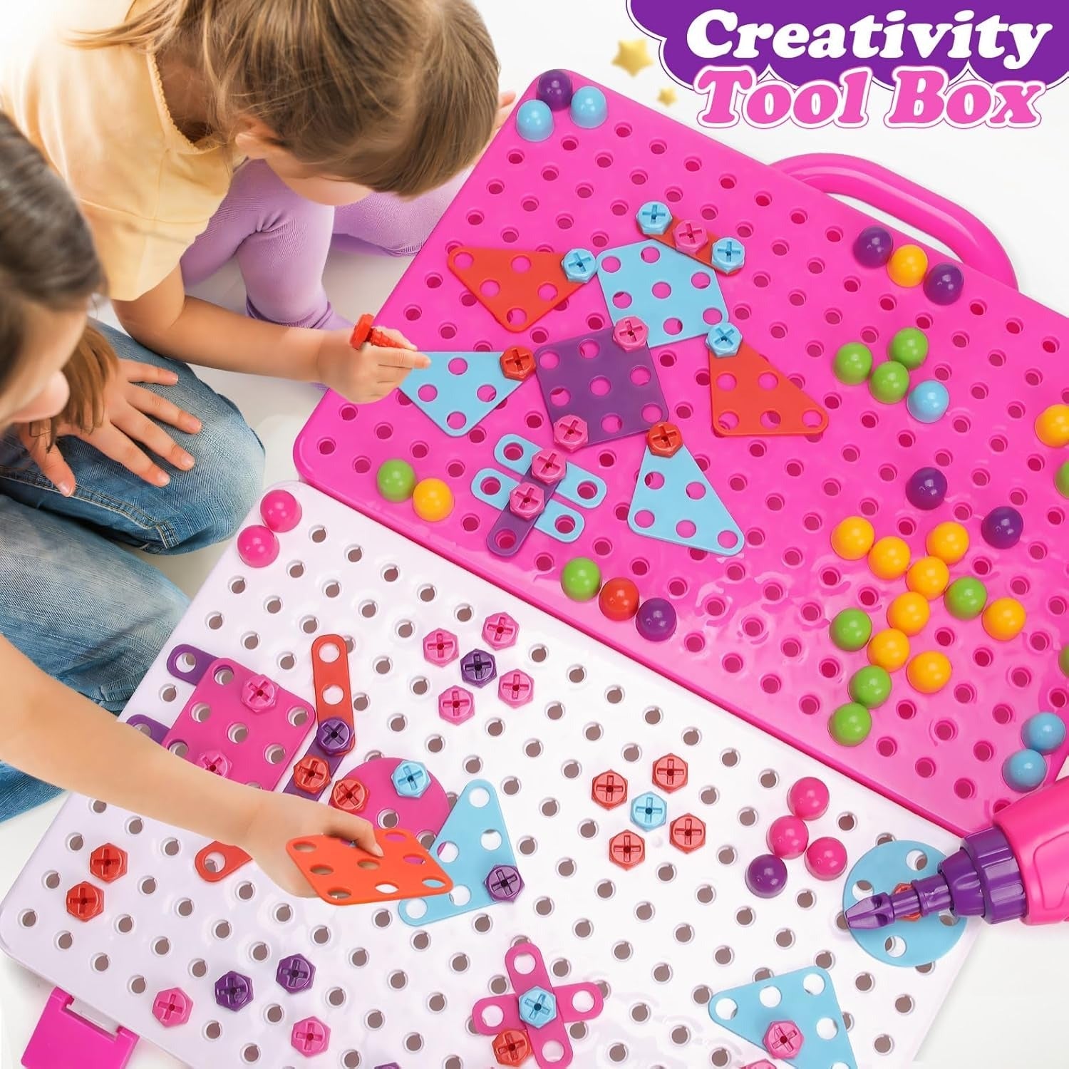 Fidtoy Ensemble de jeu d'outils de perceuse électrique créative magique 3 en 1 pour enfants | Jouet de construction STEM avec étui de rangement portable - Rose