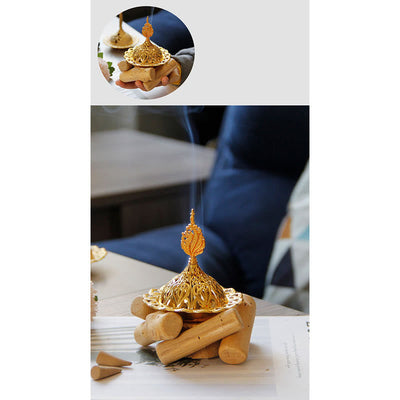 Buddha Stones Gold Alloy Healing Mini Incense Burner With Wooden Coaster Home Decor Incense Burner BS 14
