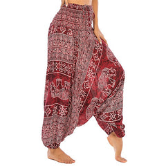 Buddha Stones Two Style Wear Elephant Pattern Loose Smocked Harem Trousers Jumpsuit Women's Yoga Pants Harem Pants&Bodysuit BS Red Elephant(Waist 60-100cm)