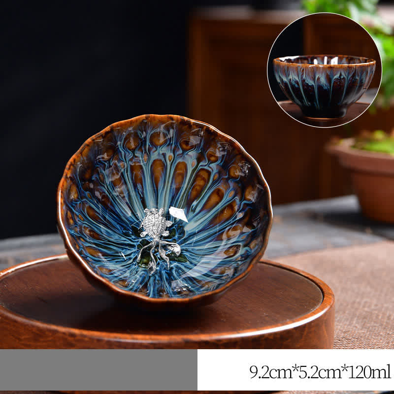 Buddha Stones Lotus Peacock Dragon Phoenix Koi Fish Ceramic Teacup Inlaid Tea Cups 120ml - Silver - Koi Fish - image 22