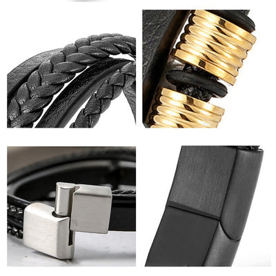 Buddha Stones Leather Multi-Layer Titanium Steel Balance Braided Magnetic Buckle Bracelet Bracelet BS 23