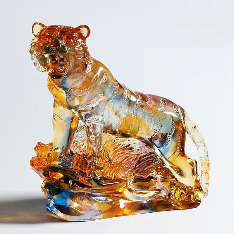 Buddha Stones Handmade Liuli Crystal Tiger Art Piece Protection Home Decoration Decorations BS Colorful