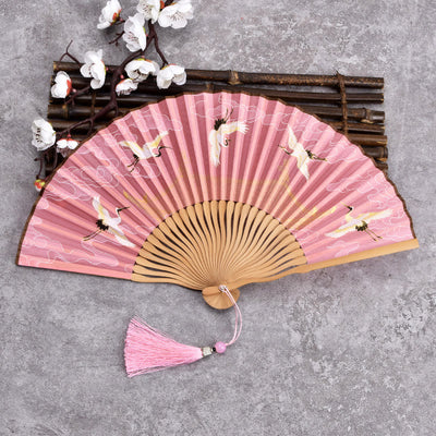 Buddha Stones Vintage Cloud Crane Pattern Handheld Bamboo Folding Fan - Pink - image 5