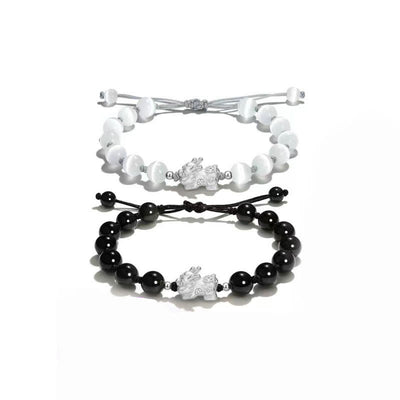 Buddha Stones Natural Black Obsidian Cat's Eye Pink Crystal PiXiu Strength Bracelet Bracelet BS 8