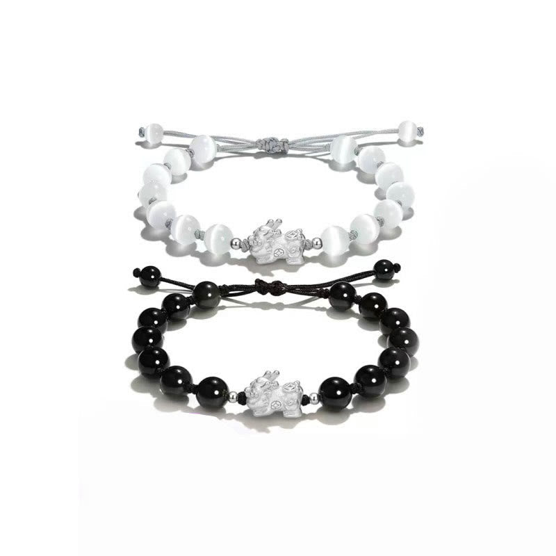 Buddha Stones Natural Black Obsidian Cat's Eye Pink Crystal PiXiu Strength Bracelet Bracelet BS 8