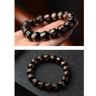 Buddha Stones Tibetan Ebony Wood Om Mani Padme Hum Engraved Peace Bracelet Bracelet BS 5
