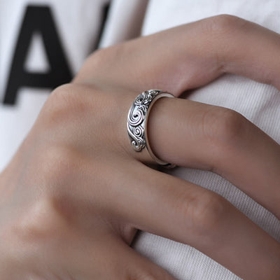 Buddha Stones 999 Sterling Silver Auspicious Clouds Engraved Blessing Adjustable Ring Ring BS 9