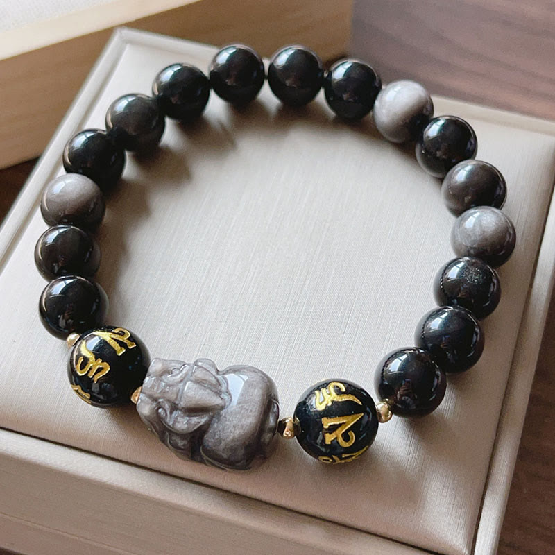 Buddha Stones Natural Silver Sheen Obsidian Black Obsidian Om Mani Padme Hum Pixiu Protection Bracelet 1