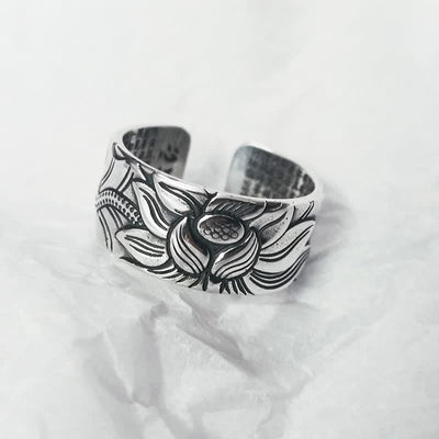 Buddha Stones 999 Sterling Silver Lotus Symbol Heart Sutra Protection Ring Ring BS 999 Sterling Silver