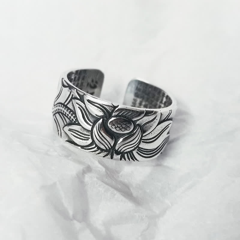 Buddha Stones 999 Sterling Silver Lotus Symbol Heart Sutra Protection Ring Ring BS 999 Sterling Silver