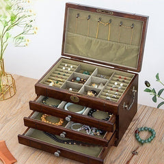 Buddha Stones Retro Solid Wood Jewelry Box Four-Layer Wooden Jewelry Storage Box Jewelry Box BS 4 Layers Green Velvet 29*19*18.5cm