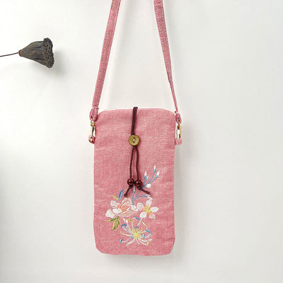 Buddha Stones Small Embroidered Flowers Crossbody Bag Shoulder Bag Cellphone Bag 11*20cm Crossbody Bag BS Pink Peach Blossom 11*20cm