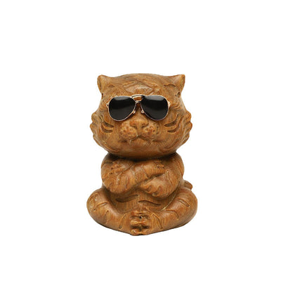 Buddha Stones Small Green Sandalwood Tiger Engraved Positive Desk Decorations Decorations BS 10