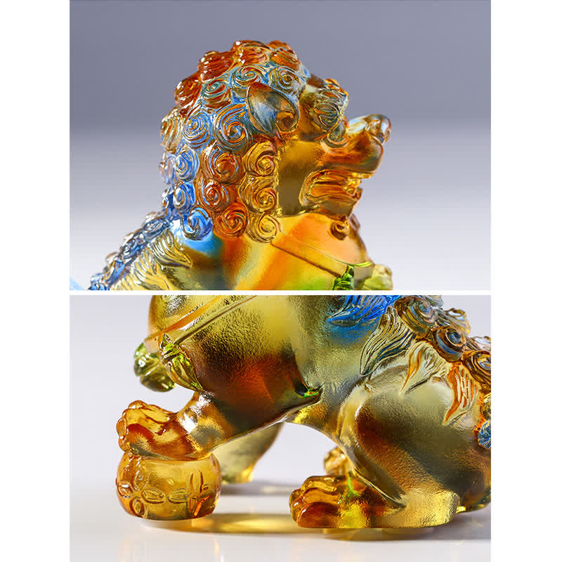 Buddha Stones Handmade Liuli Crystal Lion Art Piece Strength Home Office Decoration Decorations BS 9