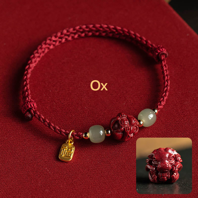 Buddha Stones Natural Cinnabar Chinese Zodiac Hetian Jade Fu Character Luck Rope Bracelet - Ox(Wrist Circumference 14-18cm) - image 1