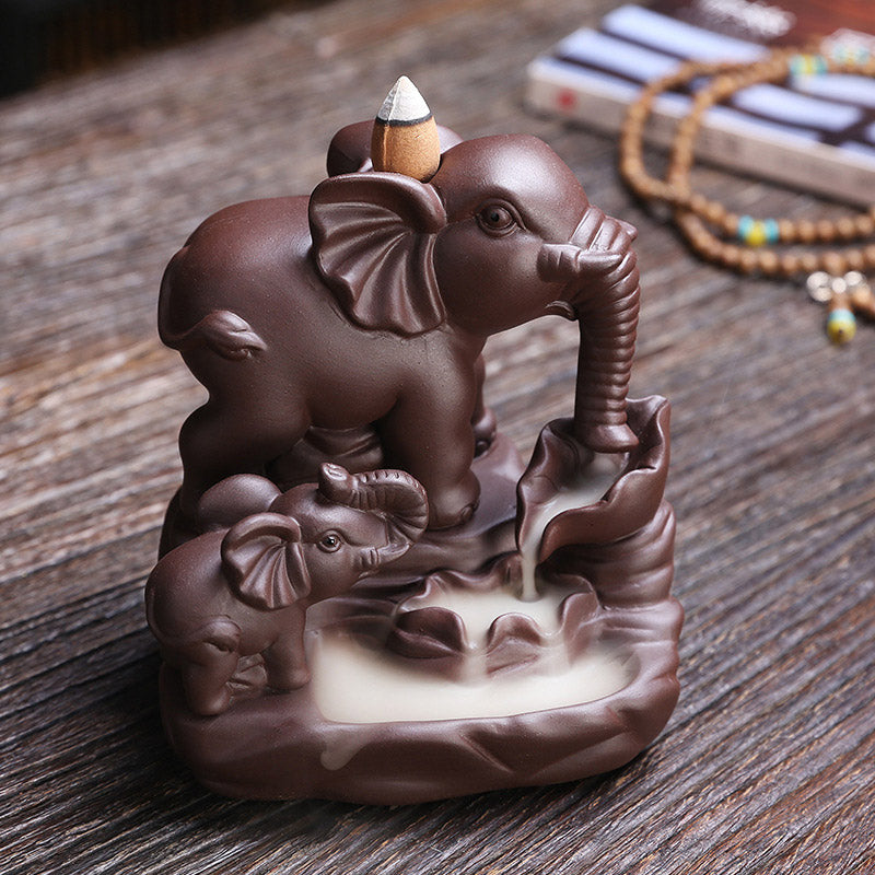 Buddha Stones Tibetan Elephant Purple Clay Backflow Smoke Fountain Protection Incense Burner Decoration Incense Burner BS 1