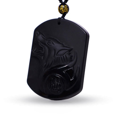 Collier pendentif loup en obsidienne noire Foviel pour la purification