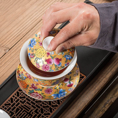 Buddha Stones Peony Flowers Ceramic Gaiwan Sancai Teacup Kung Fu Tea Cup And Saucer With Lid Cup BS 7