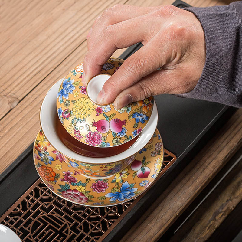 Buddha Stones Peony Flowers Ceramic Gaiwan Sancai Teacup Kung Fu Tea Cup And Saucer With Lid Cup BS 7