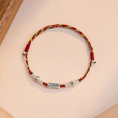 Buddha Stones 925 Sterling Silver Luck Koi Fish Braided Colorful String Bracelet Anklet Bracelet BS 15
