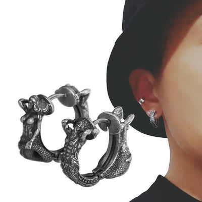 Buddha Stones 925 Sterling Silver Dragon Hoop Pattern Protection Earrings Earrings BS 2