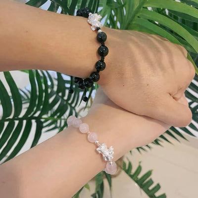 Buddha Stones Natural Black Obsidian Cat's Eye Pink Crystal PiXiu Strength Bracelet Bracelet BS 11