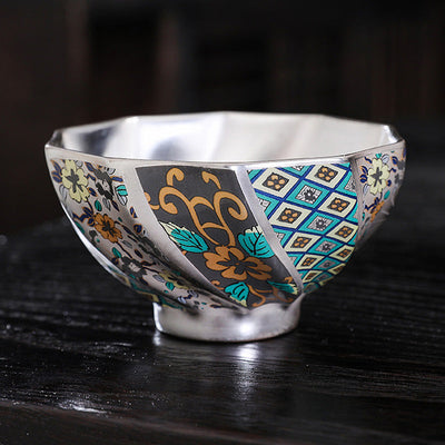 Buddha Stones 999 Sterling Silver Gilding Chrysanthemum Flowers Ceramic Teacup Kung Fu Tea Cup Cup BS 7