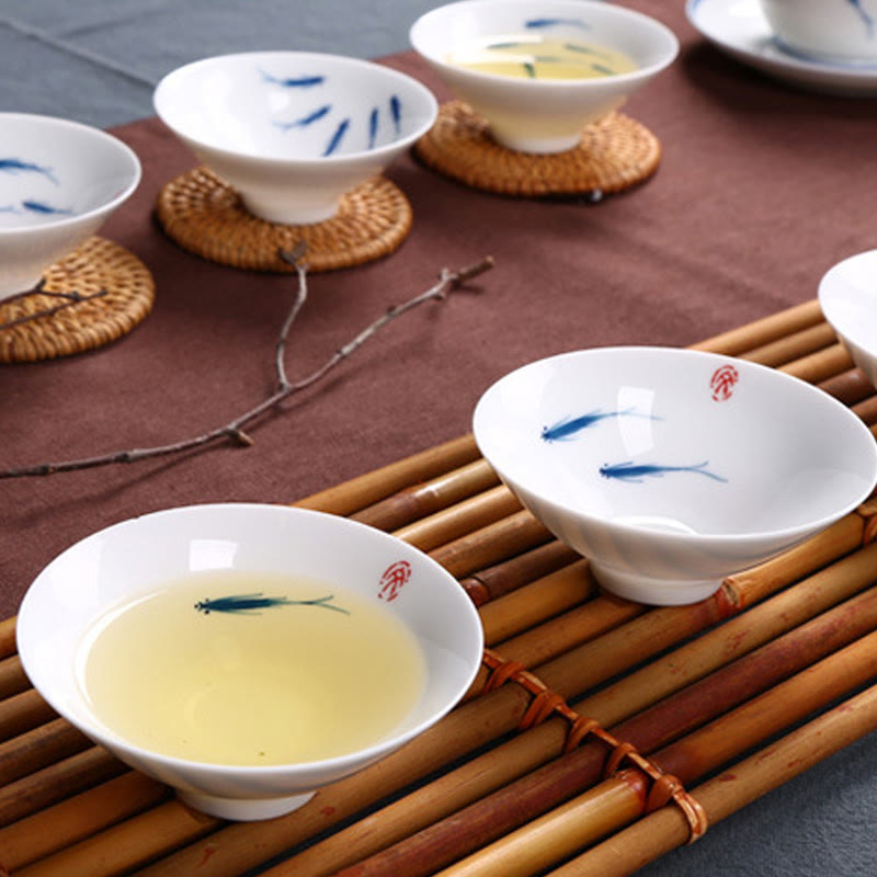 Buddha Stones Jingdezhen Blue and White Porcelain Koi Fish Ceramic Teacup Kung Fu Tea Cups Cup BS 12