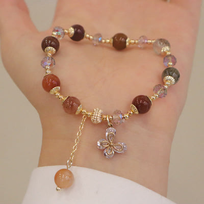 Buddha Stones Natural Fu Lu Shou Rainbow Crystal Rutilated Quartz Wealth Butterfly Charm Bracelet Bracelet BS 10