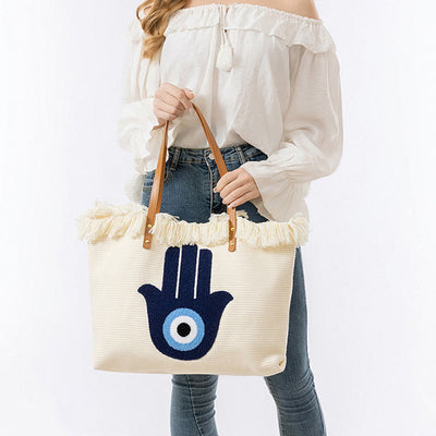 Buddha Stones Large Capacity Evil Eye Leaf Hamsa Tassel Canvas Tote Shoulder Bag Shoulder Bag BS 20