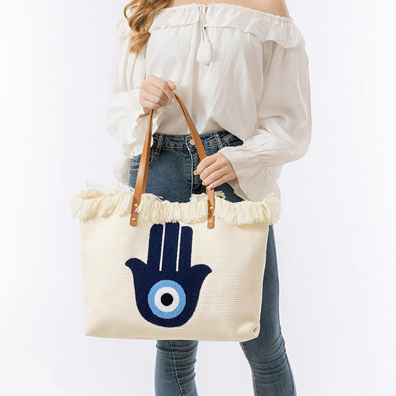 Buddha Stones Large Capacity Evil Eye Leaf Hamsa Tassel Canvas Tote Shoulder Bag Shoulder Bag BS 20
