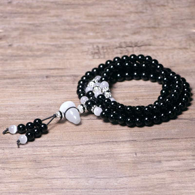 Buddha Stones Black Onyx White Crystal Bead Meditation Bracelet Bracelet BS 5