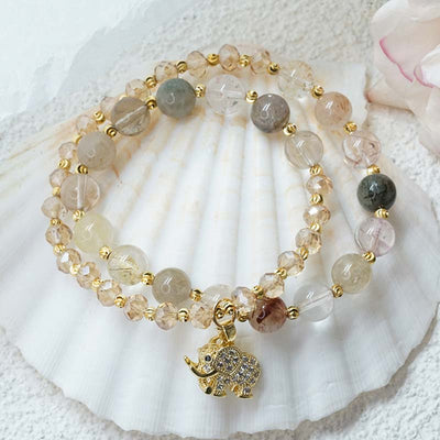 Buddha Stones Rose Quartz Elephant Healing Energy Charm Bracelet Bracelet BS Rutilated Quartz
