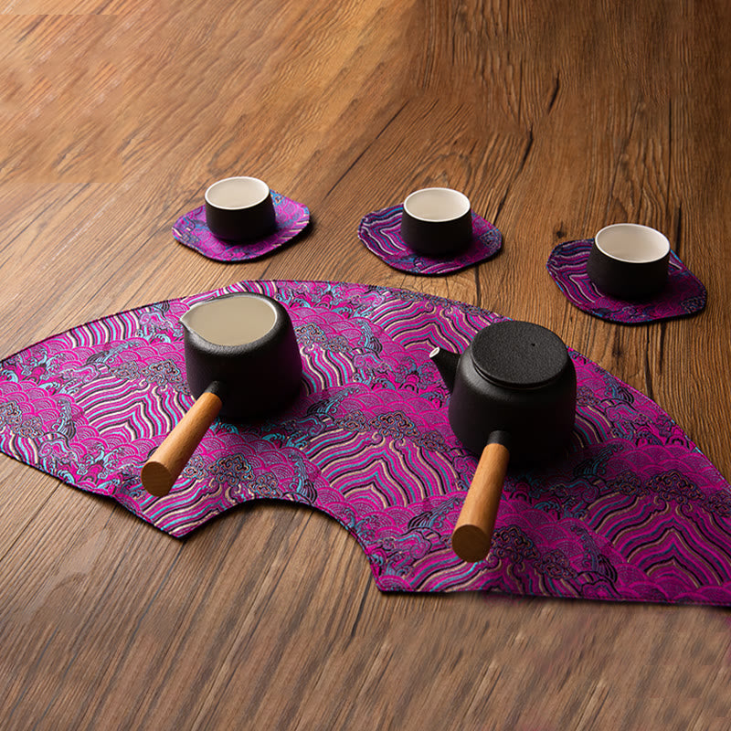 Buddha Stones Vintage Sea Wave Bamboo Plum Blossom Embroidered Cup Mat Pad Tea Cup Coaster Kung Fu Tea Mat Tea Mat BS 20