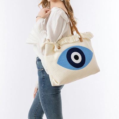 Buddha Stones Large Capacity Evil Eye Leaf Hamsa Tassel Canvas Tote Shoulder Bag Shoulder Bag BS 9