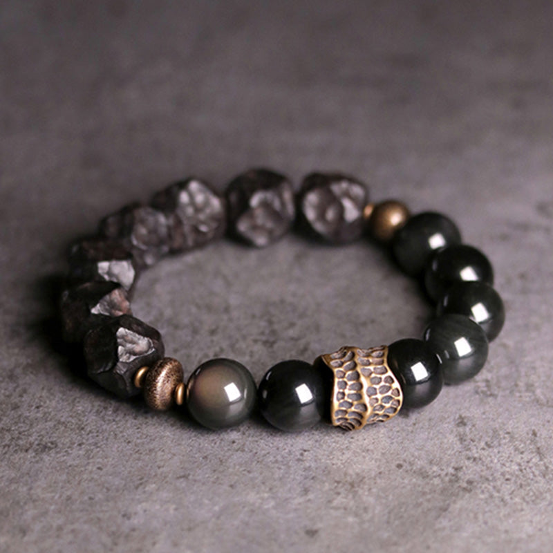Buddha Stones Black Obsidian Ebony Wood Copper Strength Couple Bracelet - image 10