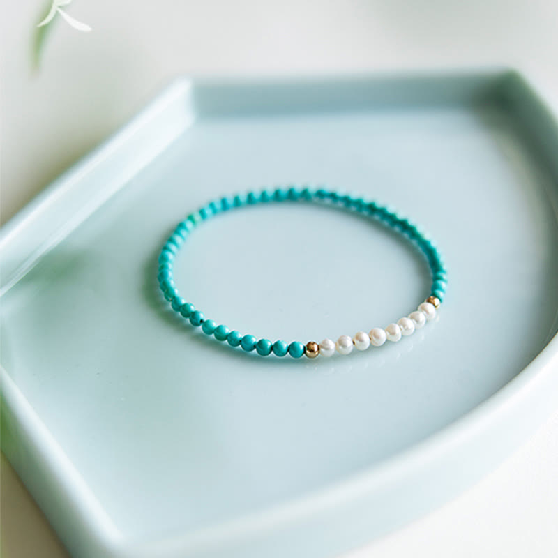 Buddha Stones 925 Sterling Silver Natural Turquoise Pearl Beaded Bracelet Bracelet BS 2