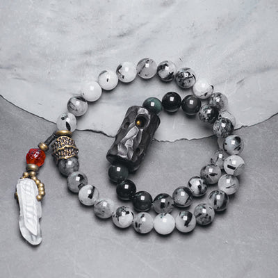 Buddha Stones Black Rutilated Quartz Ebony Wood White Crystal Success Couple Bracelet Bracelet BS 2