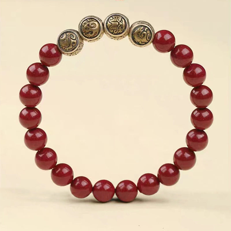 Buddha Stones 925 Sterling Silver Natural Cinnabar Four Beasts Blessing Bracelet Bracelet BS 13
