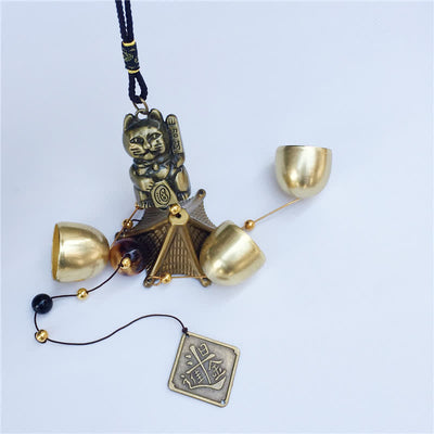 Buddha Stones Auspicious Wealth Cat Wall Hanging Chime Bell Copper Luck Handmade Home Decoration Decorations BS 5