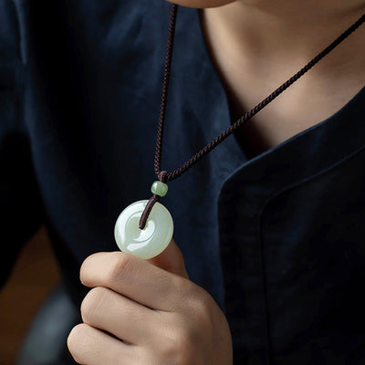 Buddha Stones Natural Round Jade Peace Buckle Luck Prosperity Necklace Pendant Necklaces & Pendants BS 2