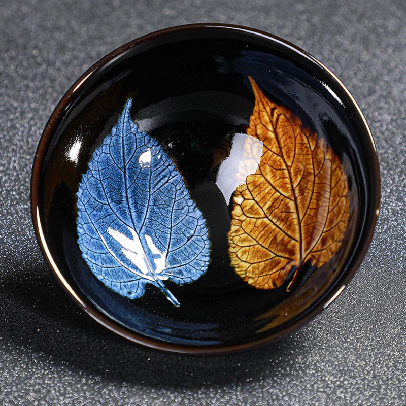 Buddha Stones Gold Maple Leaf Chinese Jianzhan Ceramic Teacup Tenmoku Kung Fu Tea Cup Bowl Jian Zhan Tea Cup BS Gold Blue Maple Leaf 9cm*4.5cm*120ml