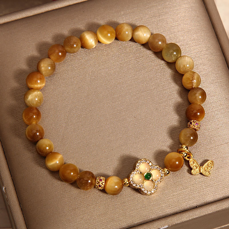 Buddha Stones Tiger Eye Four Leaf Clover Butterfly Protection Bracelet Bracelet BS 1