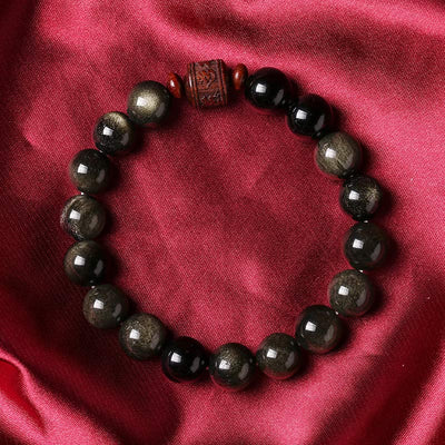Buddha Stones Natural Gold Sheen Obsidian Rainbow Obsidian Om Mani Padme Hum Fu Character Healing Bracelet Bracelet BS 6