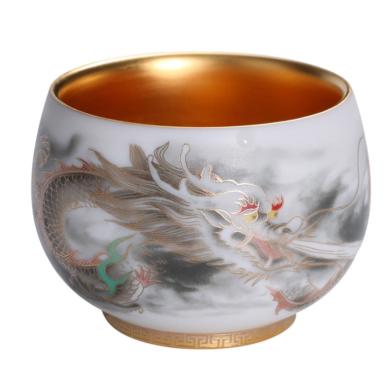 Buddha Stones Dragon Gilt Gourd Ceramic White Porcelain Teacup Kung Fu Tea Cup 160ml Cup BS 7