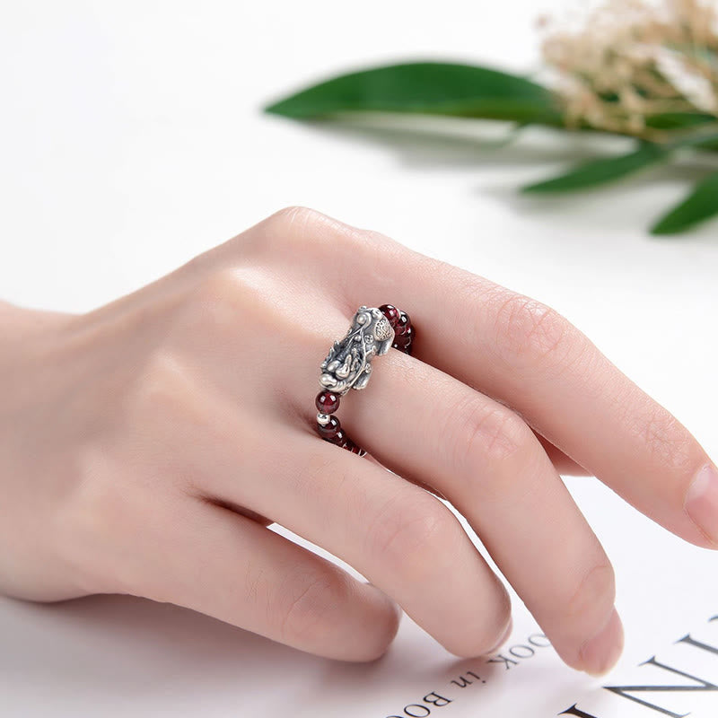 Buddha Stones 925 Sterling Silver Natural Garnet Moonstone Red Agate PiXiu Wealth Ring Ring BS 4