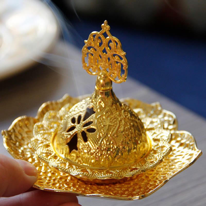Buddha Stones Gold Leaf Coaster Spiritual Mini Alloy Metal Incense Burner Incense Burner BS 6