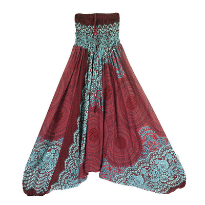Buddha Stones Two Style Wear Round Geometric Pattern Loose Smocked Harem Trousers Jumpsuit High Waist Women's Yoga Pants Harem Pants&Bodysuit BS 1