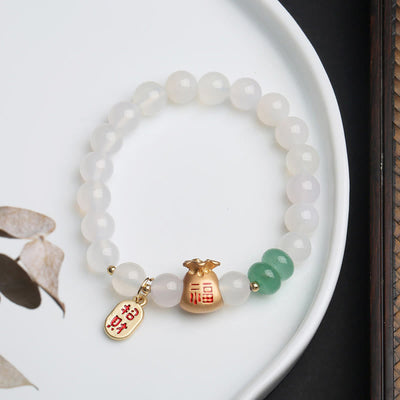 Buddha Stones Natural White Agate Red Agate Money Bag Fu Character Four Leaf Clover Protection Bracelet Bracelet BS White Agate Money Bag