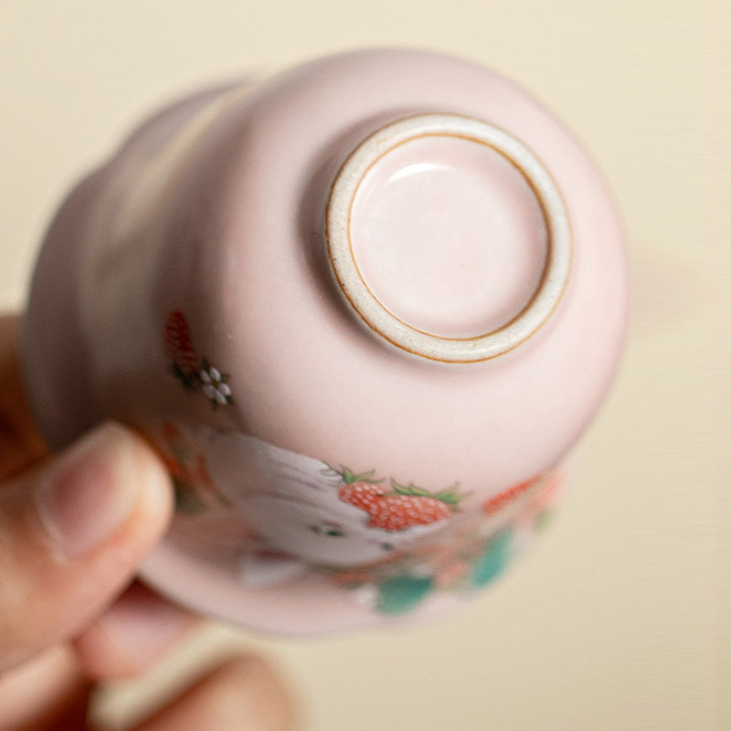 Buddha Stones Cute Strawberry Rabbit Flower Ceramic Teacup Kung Fu Tea Cup 55ml Cup BS 7
